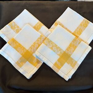 Set of 4 Vintage Yellow and White Damask Checkered Table Napkins